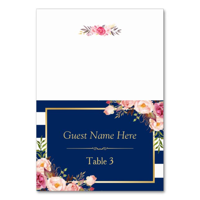 Navy Blue Stripes Pink Floral Wedding Place Table Number (Front)