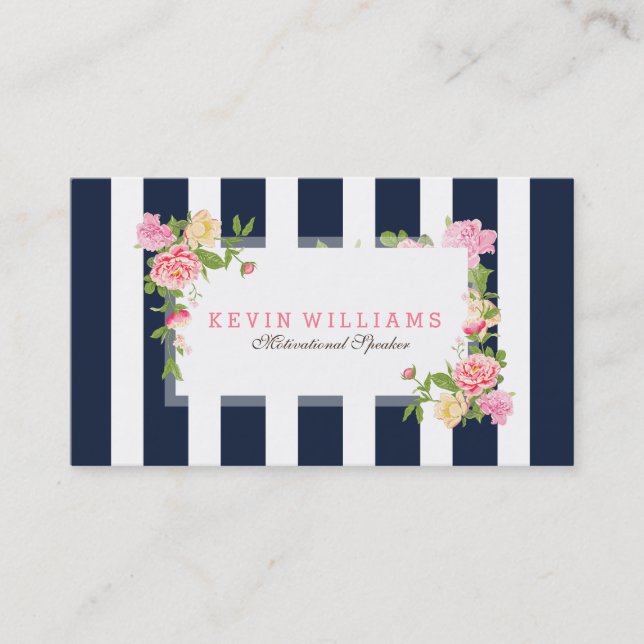Navy Blue Stripes & Pink Watercolor Roses Business Card (Front)