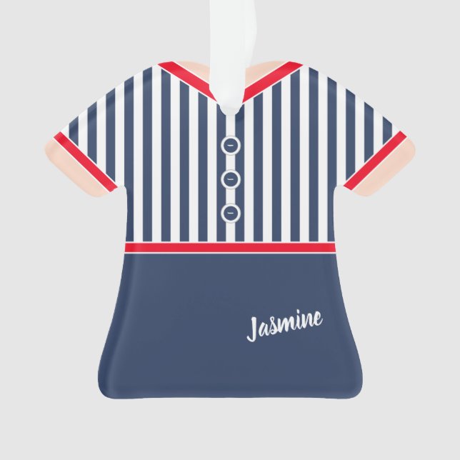 Navy Blue Stripes Red Trim Athletic Tennis Outfit Ornament (Front)