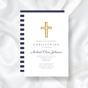 Navy Blue Stripes Religious Boy Christening Invitation