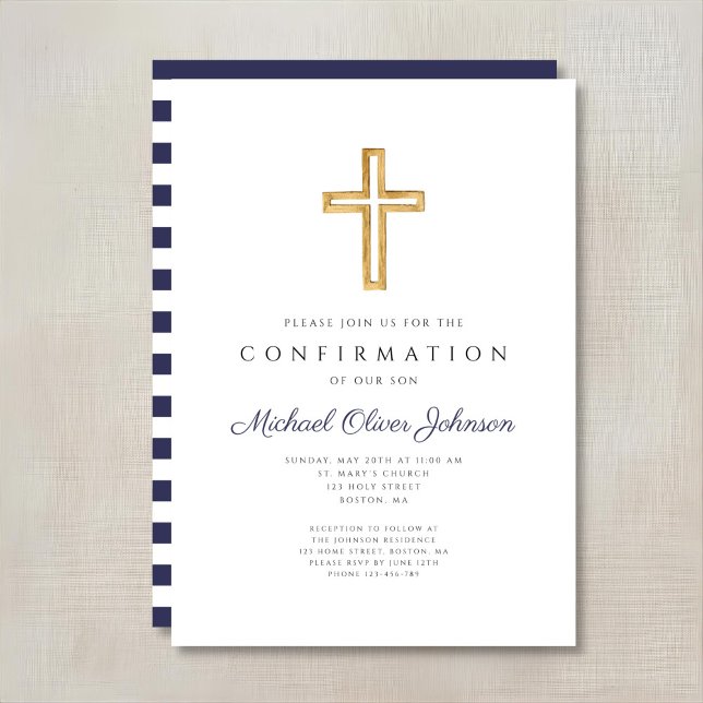 Navy Blue Stripes Religious Cross Boy Confirmation Invitation (Navy Blue Stripes Religious Cross Boy Confirmation Invitation)