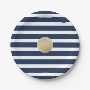 Navy blue stripes simple modern wedding monogram paper plate