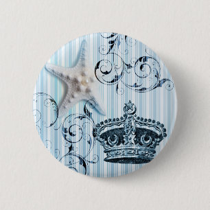 navy blue stripes starfish seashell crown nautical 6 cm round badge