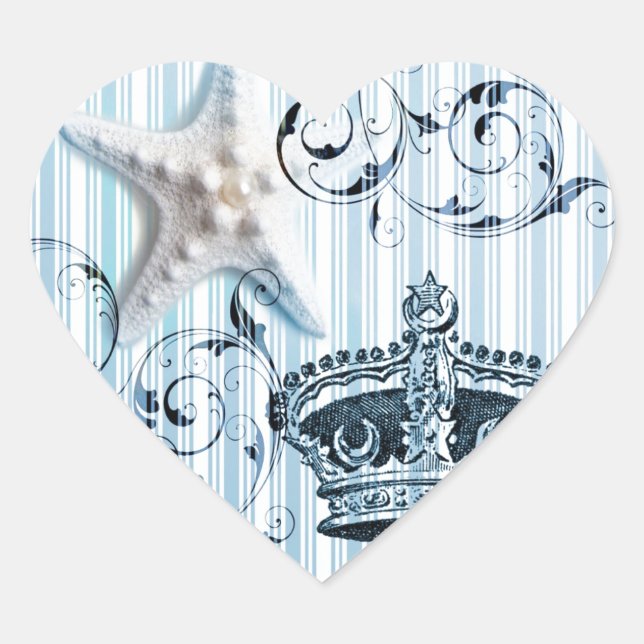 navy blue stripes starfish seashell crown nautical heart sticker (Front)