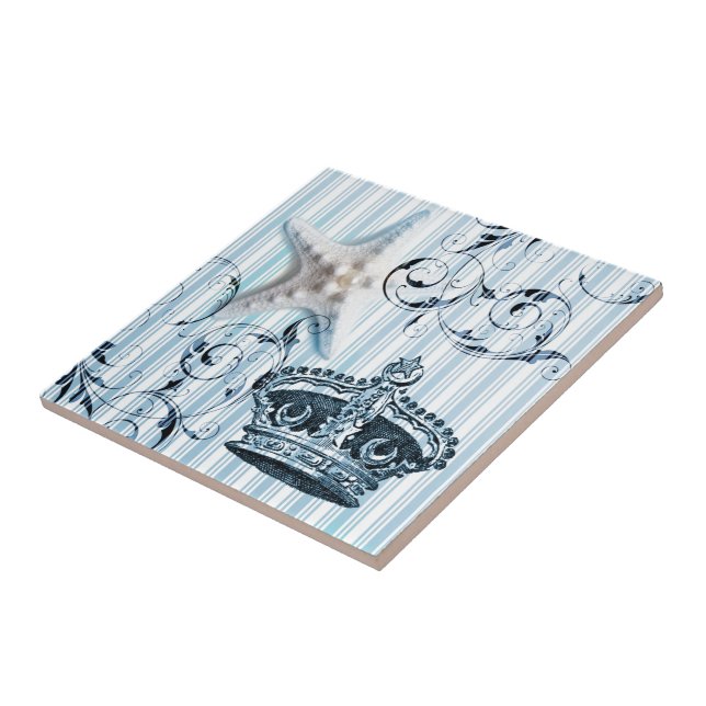 navy blue stripes starfish seashell crown nautical tile (Side)
