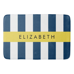Navy Blue Stripes, Striped Pattern, Your Name Bath Mat