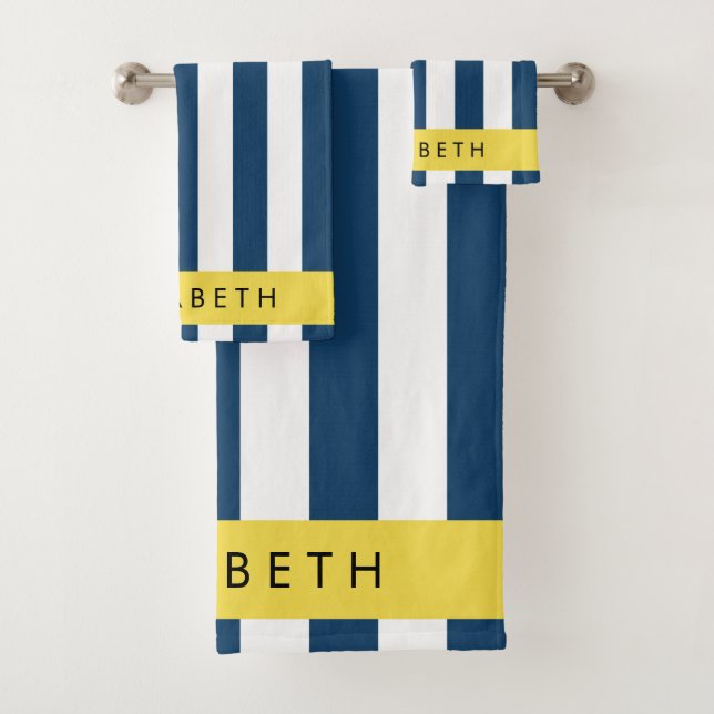 Navy Blue Stripes, Striped Pattern, Your Name Bath Towel Set (Insitu)