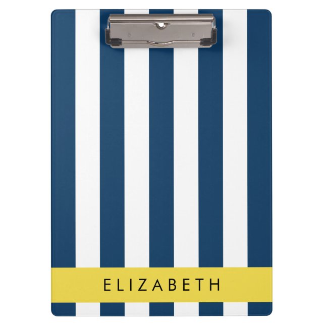 Navy Blue Stripes, Striped Pattern, Your Name Clipboard (Front)
