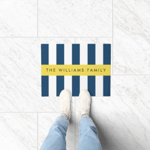 Navy Blue Stripes, Striped Pattern, Your Name Doormat