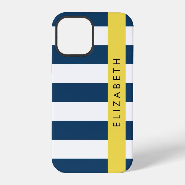 Navy Blue Stripes, Striped Pattern, Your Name iPhone Case (Back)