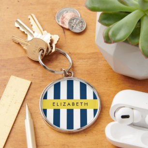 Navy Blue Stripes, Striped Pattern, Your Name Key Ring