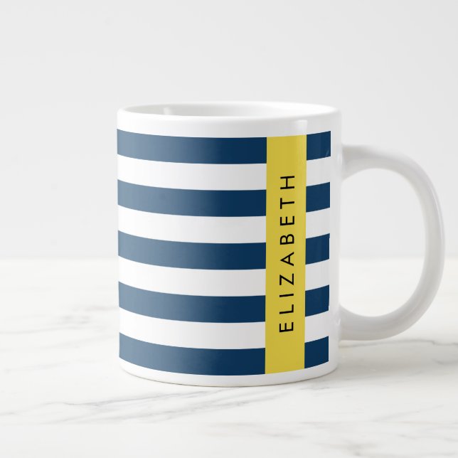 Navy Blue Stripes, Striped Pattern, Your Name Large Coffee Mug (Right)
