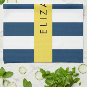 Navy Blue Stripes, Striped Pattern, Your Name Tea Towel