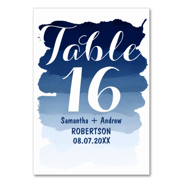 Navy blue stripes watercolor ombre table number (Front)