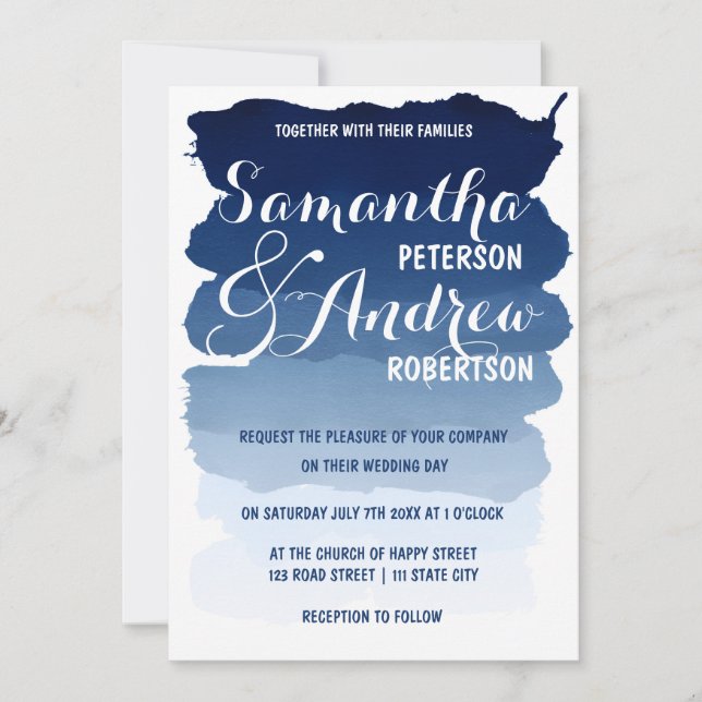 Navy blue stripes watercolor ombre wedding invitation (Front)