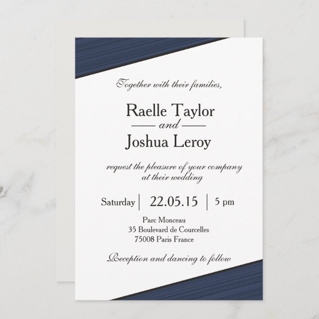 Navy blue stripes white grey wedding invitation (Front/Back)