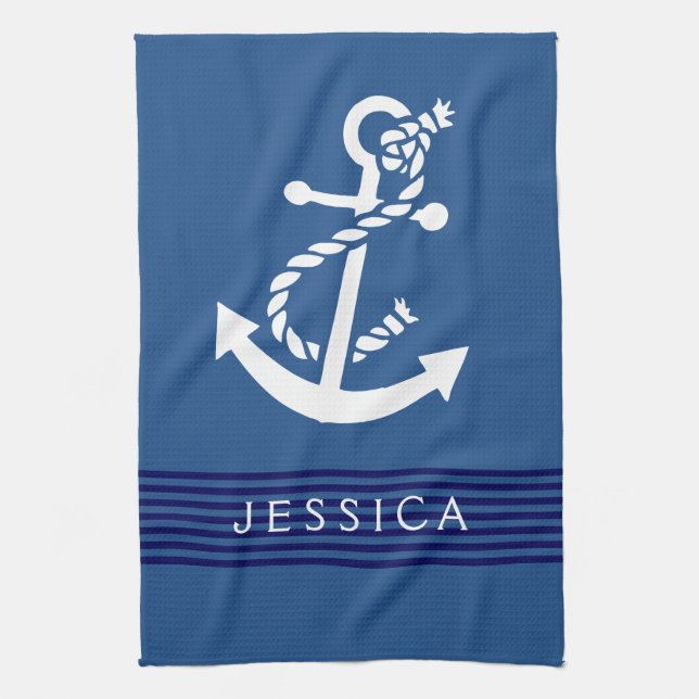 Navy Blue Stripes White nautical Anchor Tea Towel (Vertical)