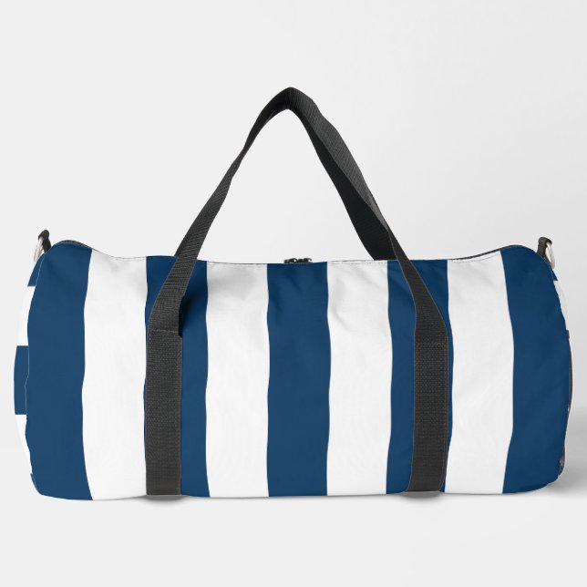 Navy Blue Stripes, White Stripes, Striped Pattern Duffle Bag (Front)