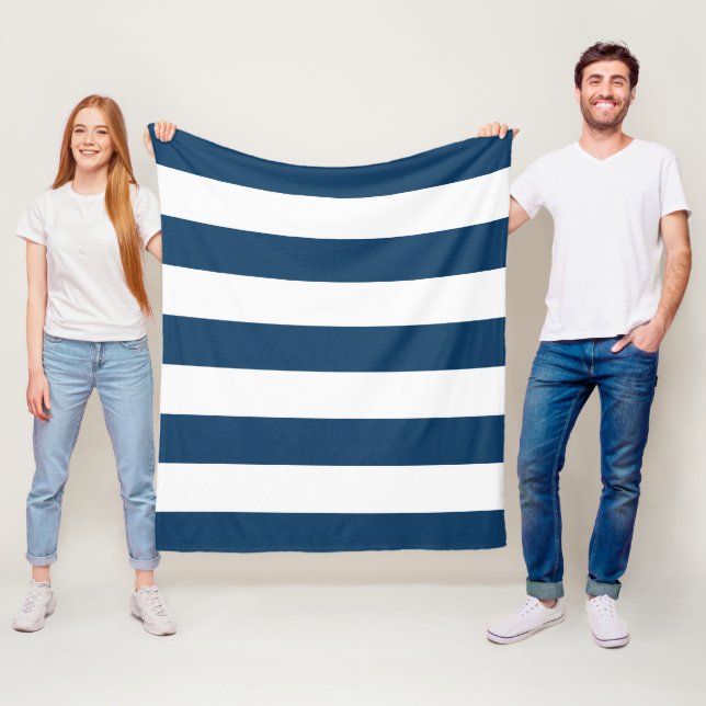 Navy Blue Stripes, White Stripes, Striped Pattern Fleece Blanket (In Situ)