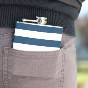Navy Blue Stripes, White Stripes, Striped Pattern Hip Flask
