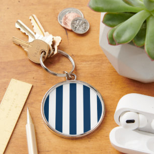 Navy Blue Stripes, White Stripes, Striped Pattern Key Ring