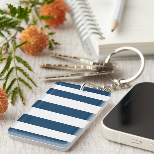 Navy Blue Stripes, White Stripes, Striped Pattern Key Ring (Front Right)