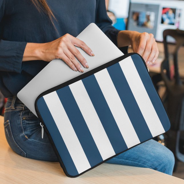 Navy Blue Stripes, White Stripes, Striped Pattern Laptop Sleeve (Creator Uploaded)