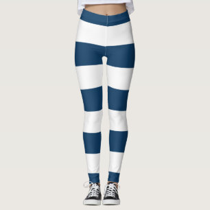 Navy Blue Stripes, White Stripes, Striped Pattern Leggings