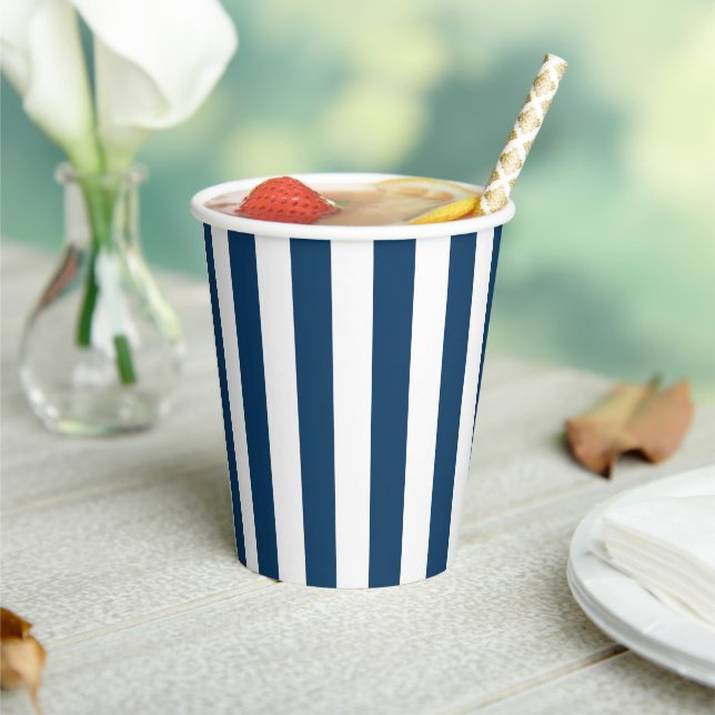 Navy Blue Stripes, White Stripes, Striped Pattern Paper Cups (Insitu)