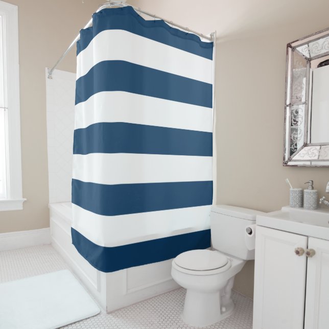 Navy Blue Stripes, White Stripes, Striped Pattern Shower Curtain (In Situ)