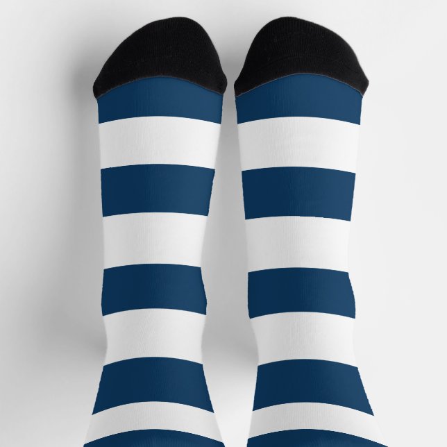 Navy Blue Stripes, White Stripes, Striped Pattern Socks (Top)