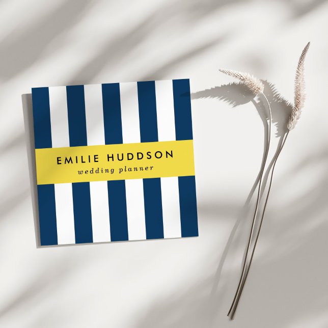 Navy Blue Stripes, White Stripes, Striped Pattern Square Business Card (Creator Uploaded)