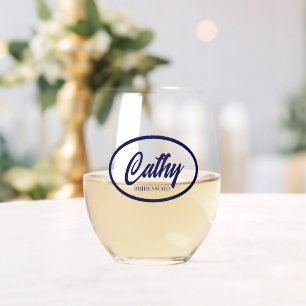 Navy Blue Stylised Name Wedding Bridesmaid Stemless Wine Glass