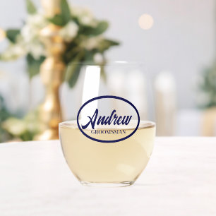 Navy Blue Stylised Name Wedding Groomsman Stemless Wine Glass