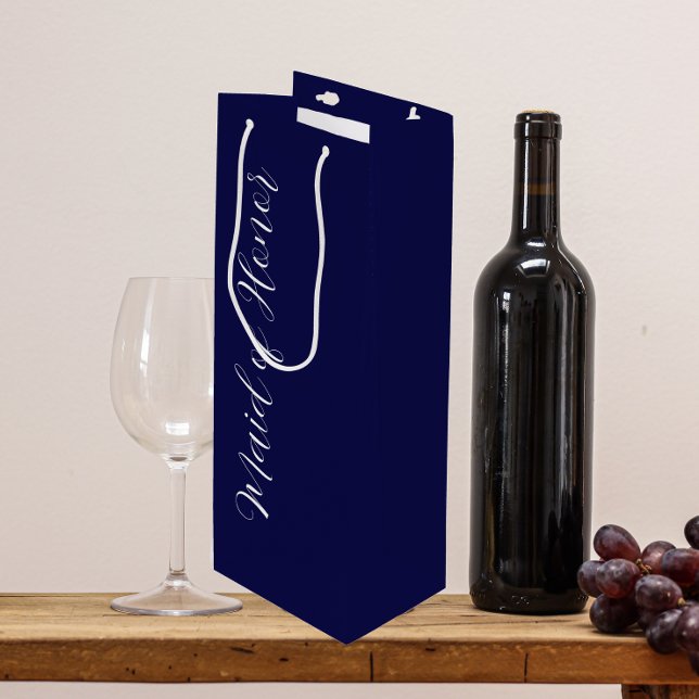 Navy Blue Stylised Script Maid of Honour Wine Gift Bag (In Situ)