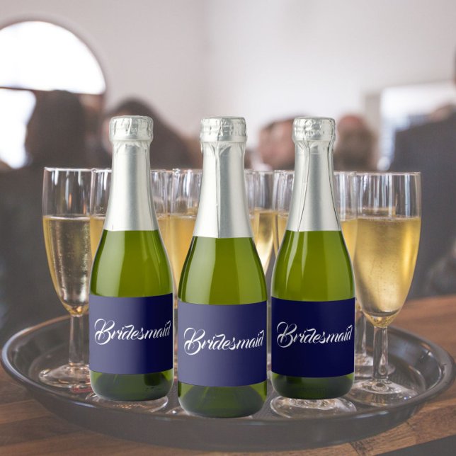Navy Blue Stylised Script Wedding Bridesmaid Sparkling Wine Label (In Situ Wedding)