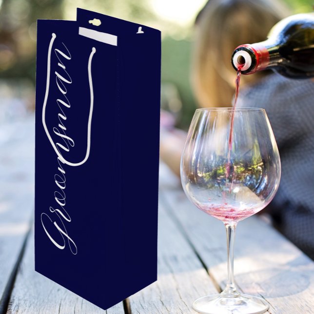 Navy Blue Stylised Script Wedding Groomsman Wine Gift Bag (In Situ)
