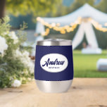 Navy Blue Stylised Wedding Best Man<br><div class="desc">Gift your wedding best man with this trendy and personalised, stainless steel wine tumbler with his name in stylised script inside a white, oval design. Background colour and script is a navy blue. Personalise your wine tumbler by editing and replacing name with desired name. Available in many, popular wedding colour...</div>