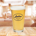 Navy Blue Stylised Wedding Best Man Name Glass<br><div class="desc">Beer glass for the wedding Best Man that features his name printed in a trendy navy blue, stylised script inside a navy blue colour oval border along with wedding date. A great party supply idea for a bachelor party! Personalise your beer glass by editing and replacing name and date with...</div>