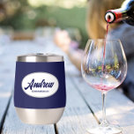 Navy Blue Stylised Wedding Groomsman Name<br><div class="desc">Gift your wedding groomsman with this trendy and personalised, stainless steel wine tumbler with his name in stylised script inside a white, oval design. Background colour and script is a navy blue. Personalise your wine tumbler by editing and replacing name with desired name. Available in many, popular wedding colour schemes....</div>