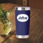 Navy Blue Stylised Wedding Groomsman Name Insulated Tumbler<br><div class="desc">Gift your wedding groomsman with this trendy and personalised,  stainless steel,  thermal tumbler with his name in stylised script in a white oval design. Background colour and script is navy blue. Personalise your thermal tumbler by editing and replacing groomsman's name with desired name.</div>
