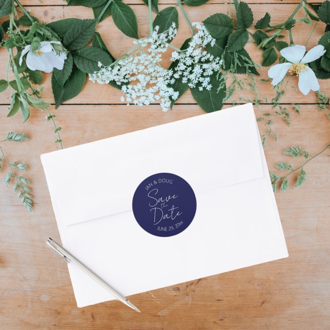 Navy Blue Stylised Wedding Save the Date Classic Round Sticker (In Situ Wedding)