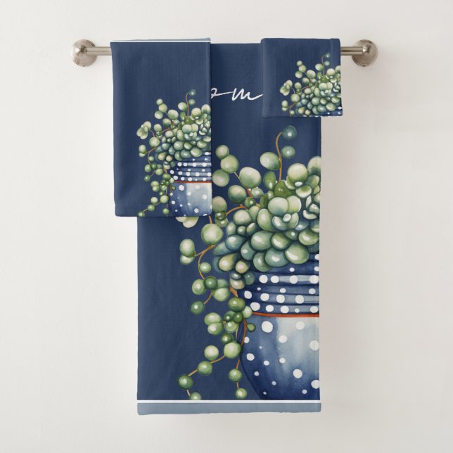 Navy Blue | Succulents in Pots | Plant Themed Bath Towel Set (Insitu)