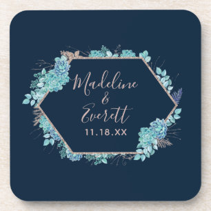 Navy Blue Succulents & Rose Gold Wedding Monogram Coaster