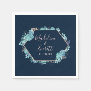 Navy Blue Succulents & Rose Gold Wedding Monogram Napkin