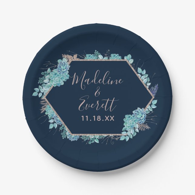 Navy Blue Succulents & Rose Gold Wedding Monogram Paper Plate (Front)