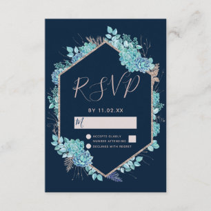 Navy Blue Succulents & Rose Gold Wedding RSVP