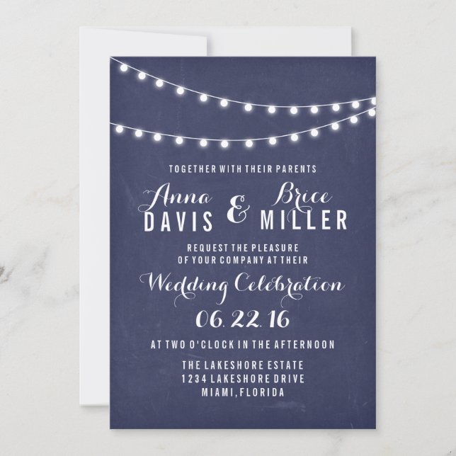 Navy Blue Summer String Light Wedding Invites (Front)