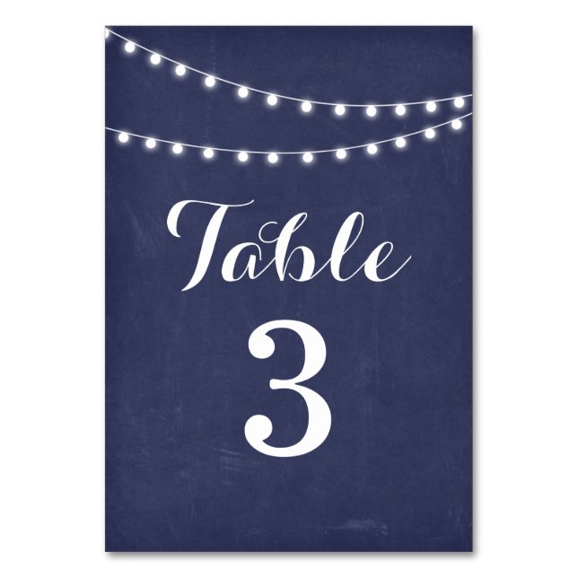 Navy Blue Summer String Light Wedding Table Number (Front)