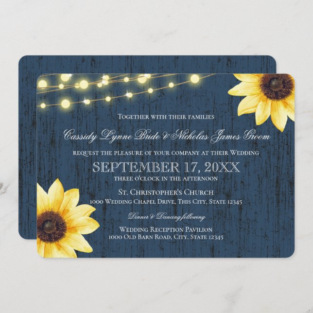 Navy Blue Sunflower and Lights Rustic Wedding Invitation (Front/Back)